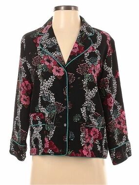 Sandro Black Floral Satin Blazer with Pink & Green Accents